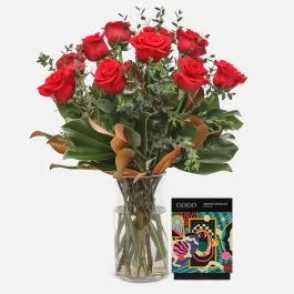 1-Dozen Elegant Roses + COCO Peppermint Drinking Chocolate