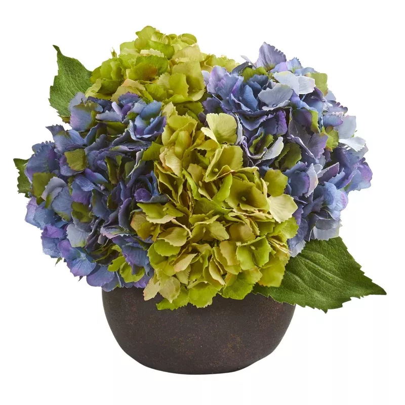 12 Hydrangea Artificial Arrangement in Stone Brown Vase