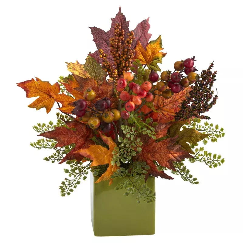 17 Maple Leaf, Berries and Maiden Hair Artificial Arrangement in Green Vase