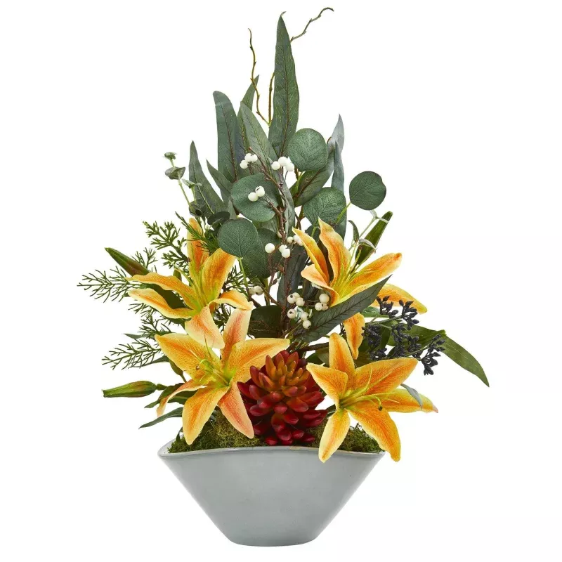 22 Lilies, Succulent and Eucalyptus Artificial Arrangement