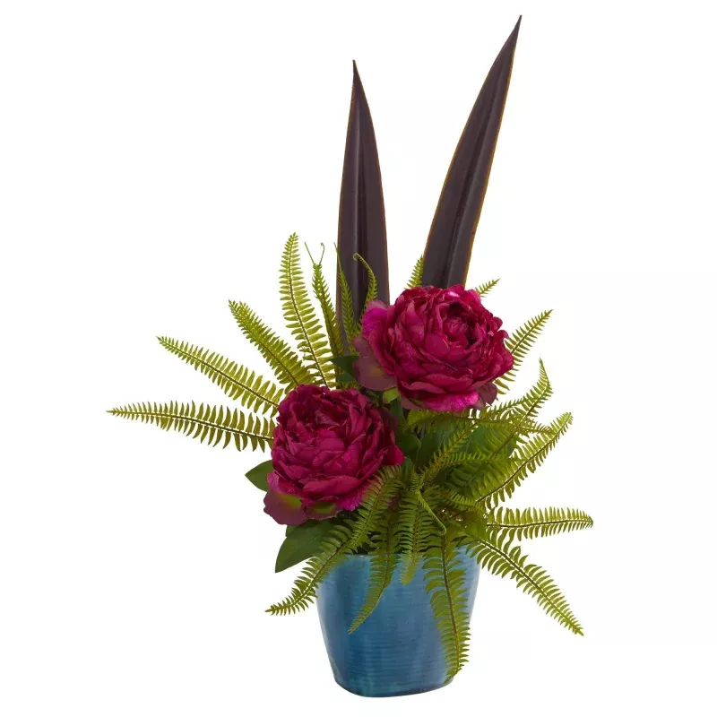 24 Peony and Fern Artificial Arrangement in Blue Vase