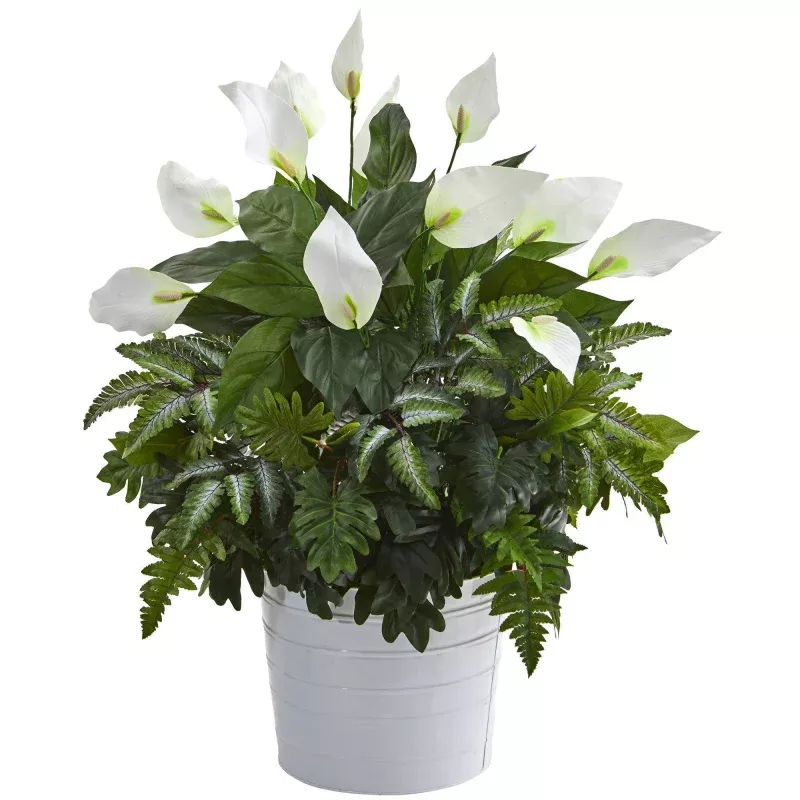 30 Mixed Spathiphyllum Artificial Plant in White Tin Planter