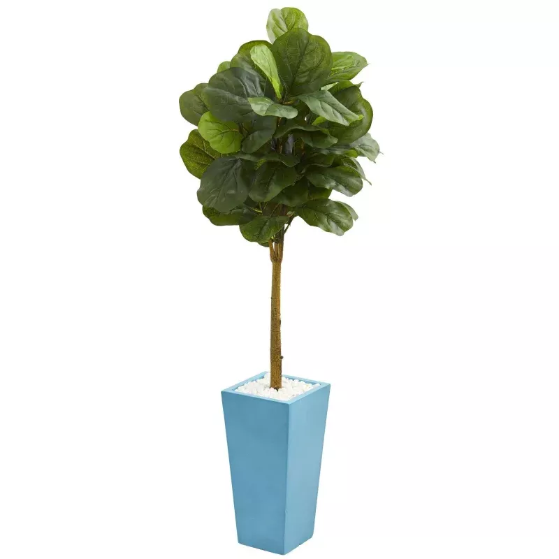 4 Fiddle Leaf Artificial Tree in Turquoise Planter (Real Touch)