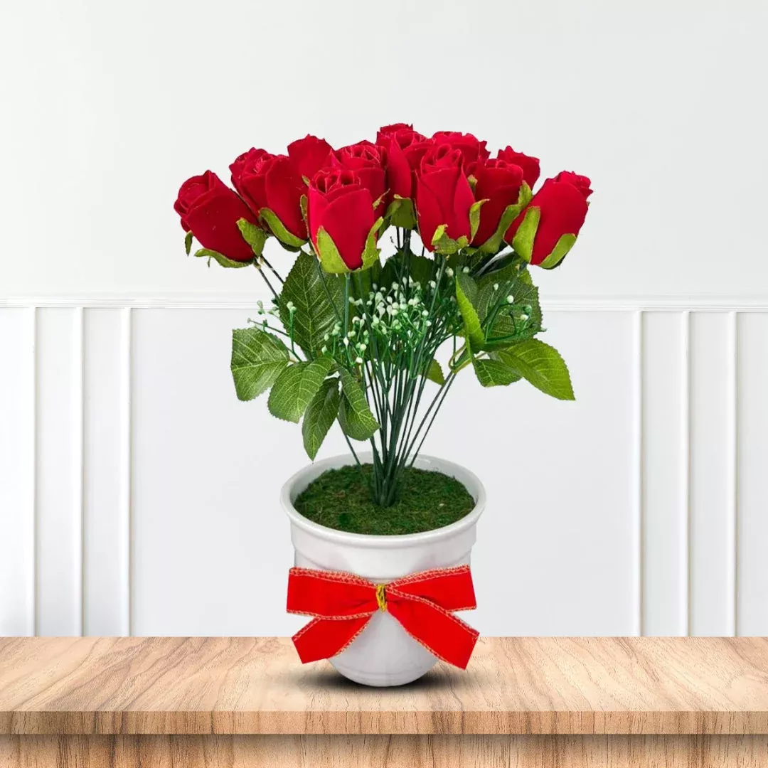 Artificial 2 Dozen Roses in Ceramic Pot – Lifelike Red Floral Gift Display