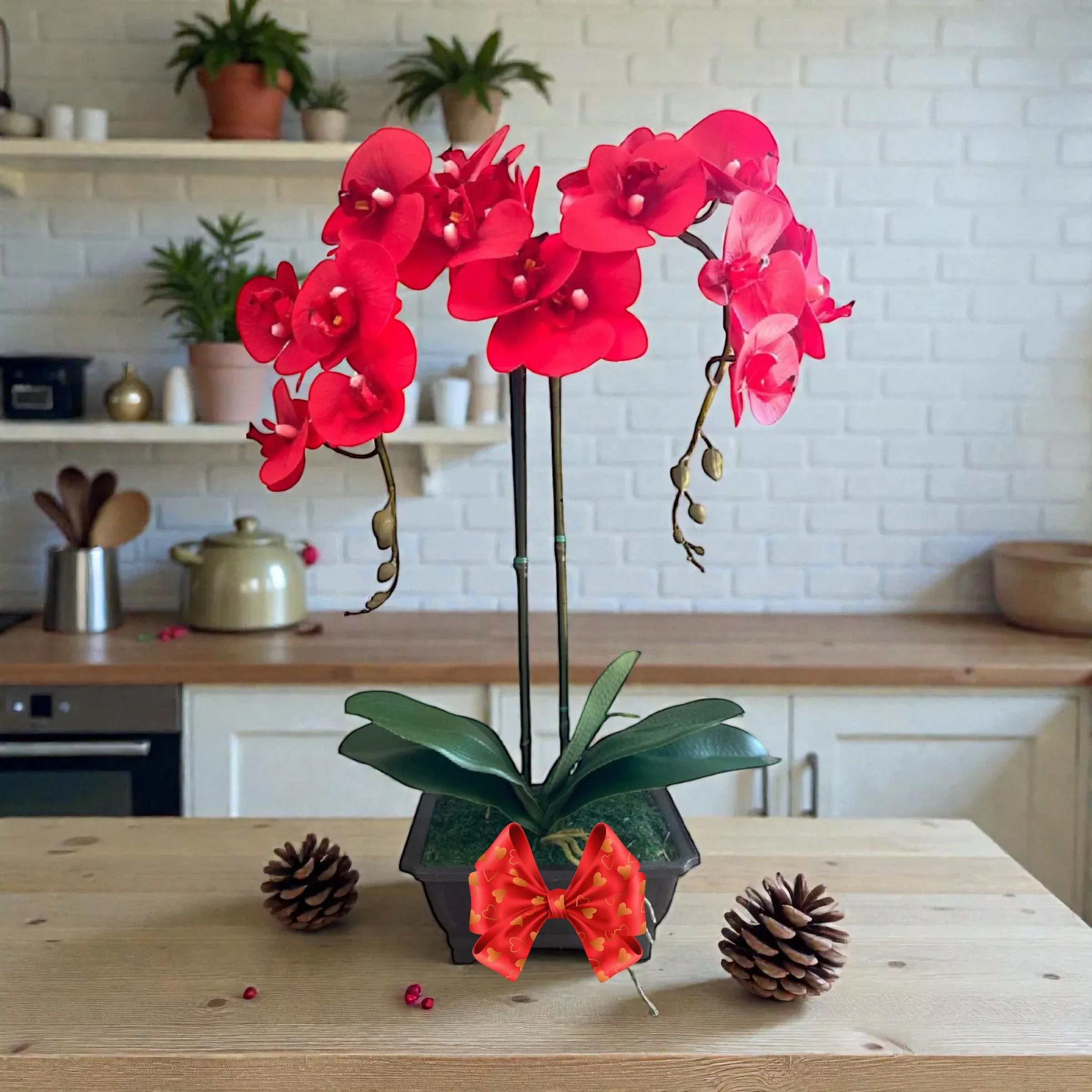 Artificial Red Orchid in Rectangular Planter – Elegant Faux Floral Gift