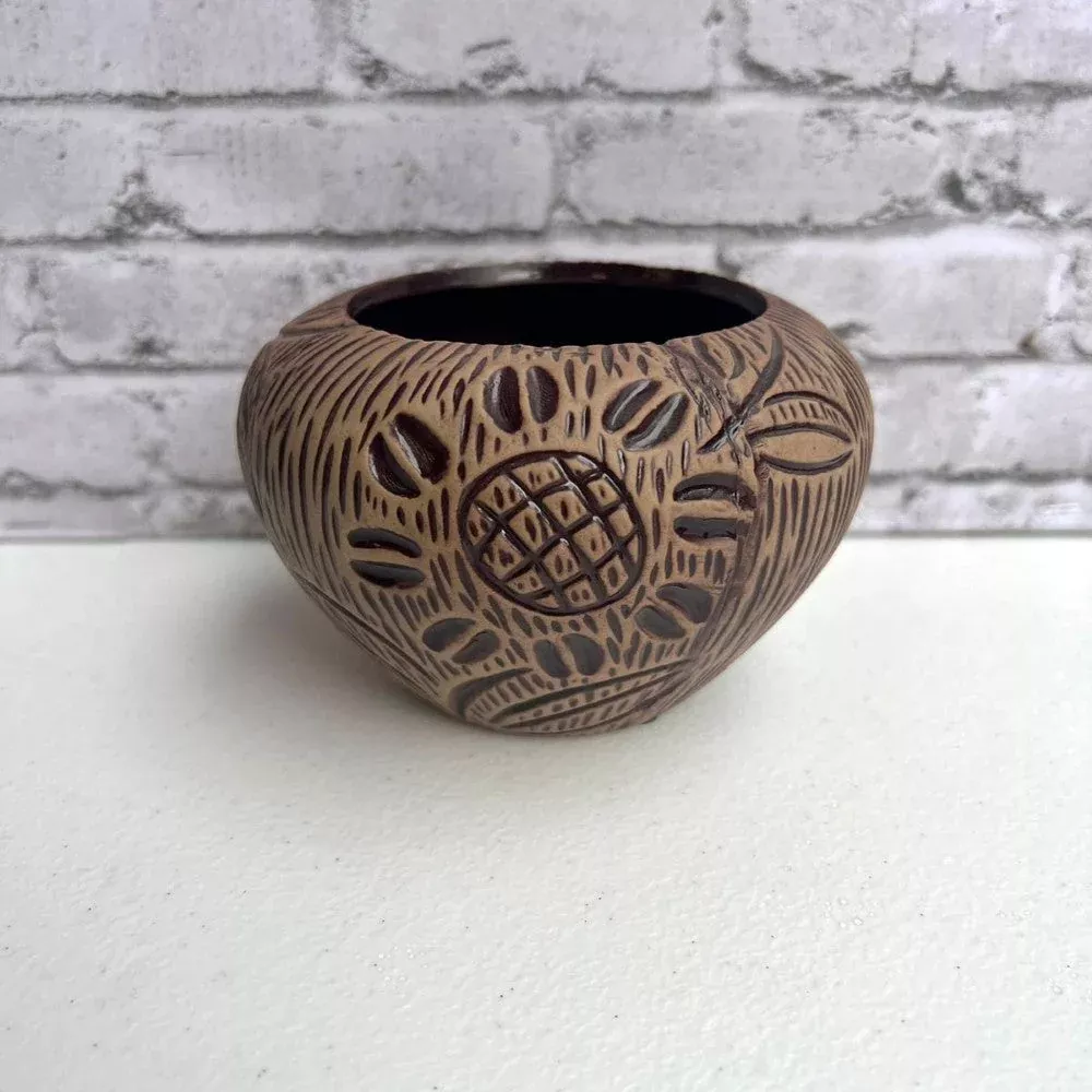 Carved Mini Brown Planter – Artisan Decorative Small Garden Pot