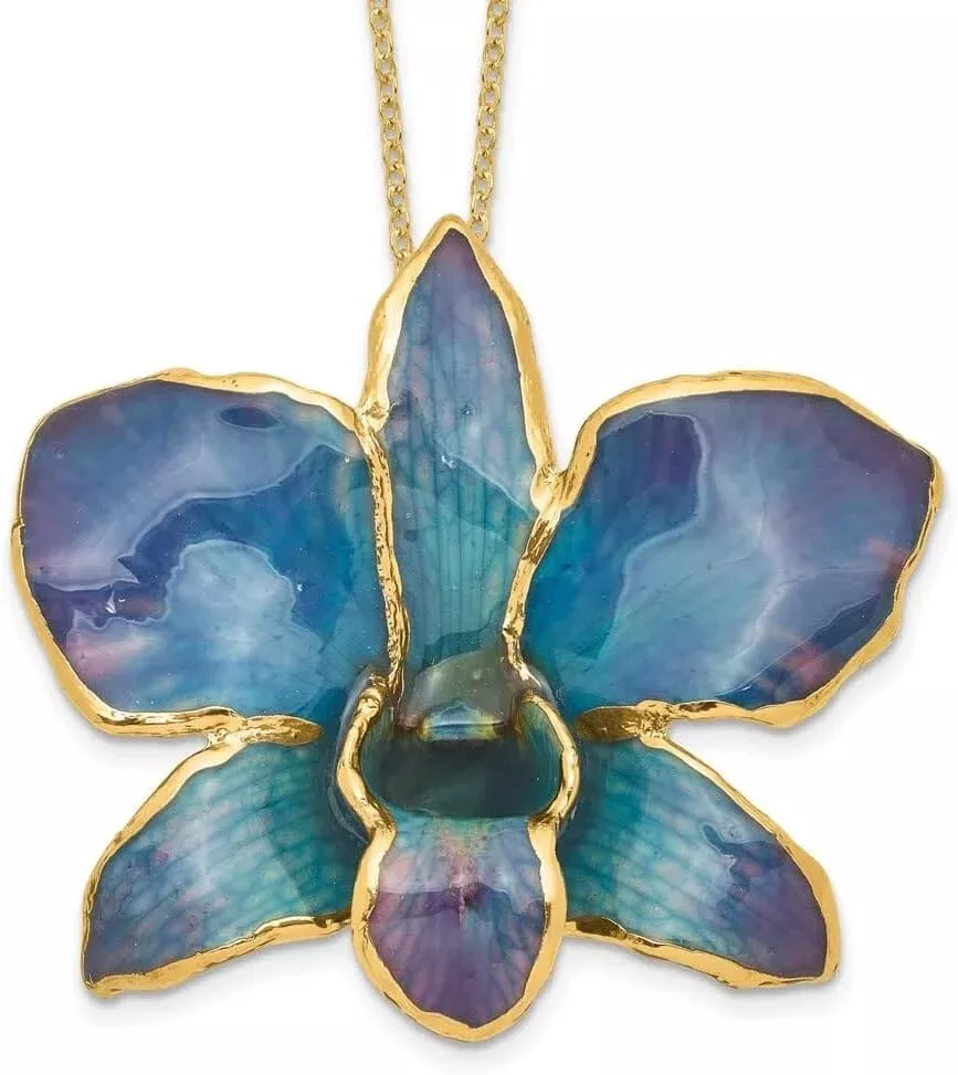 A Collector’s Gift: Lacquer Dipped Gold Trimmed Blue and Purple Dendrobium Orchid Necklace Size 20″ for Women