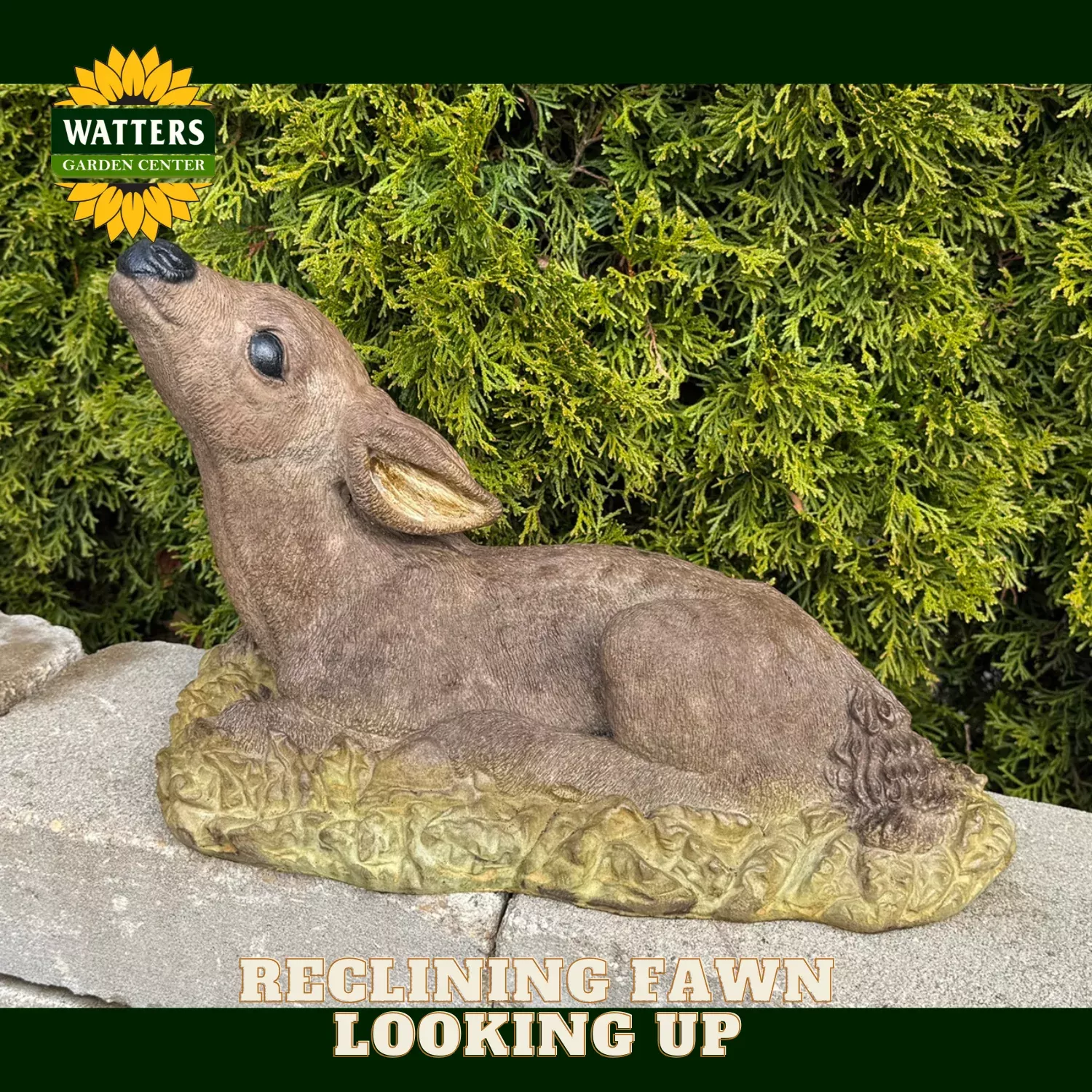 RECLINING FAWN LOOKING UP STATUE