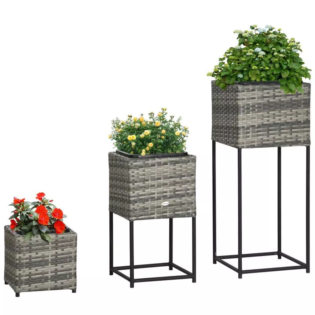 Rootz Raised BedStep DesignThree Plant BoxesRattan LookCan Be Used SeparatelySteel FrameGray40L x 40W x 100H cm