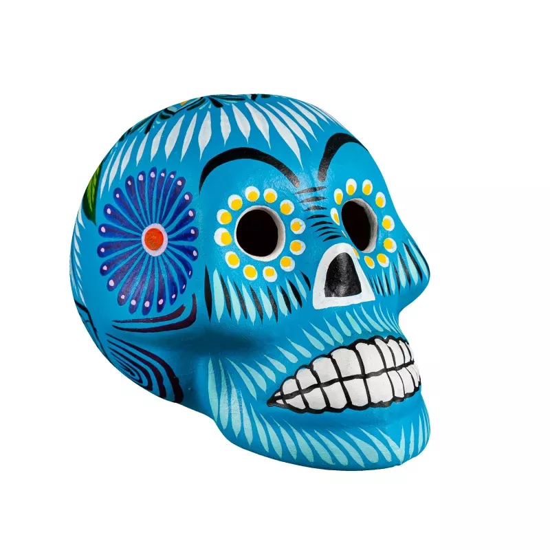 Teal Floral Skull Head Ceramic Statue
