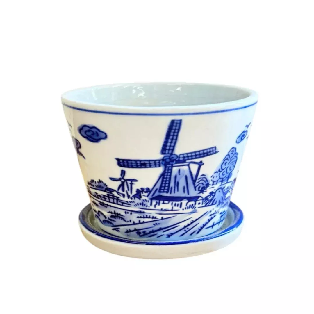 Vintage Delft Style Blue and White Ceramic Windmill Planter Pot